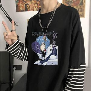 T-shirts 2022 Anime Evangelio Män Patchwork Stripes Harajuku Söt tjej Unisex Oversized Black / White T Shirts