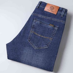 High-end Brand Classic Blue Mäns Tjocka Jeans Fyra Årstider Ny Casual Fashion Loose Denim Trousers Solid Färg Stretch Pants G0104
