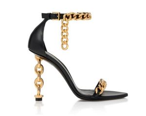 Zarif Altın Zincir Ayak Bileği Kayışı Topuklu Sandalet Stiletto Topuklar Kadın Parti Akşam Ayakkabıları 10.5cm burnu açık metalik Heykelsi topuk Aynalı deri lüks tasarımcılar