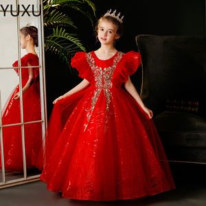 2022 Modest Fluffy Flower Girl Dresses With 3D Floral Applique V-Neck LACE-UP Backless Gold Sequined Girls Dress Lovely Girls Pageant Gowns