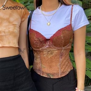 Sweetown 2000s Aesthetic Cute Mesh Crop Top Women Floral Lace Trim Girl Kawaii Clothes See Through Sexy Tanks Camis Summer 220407