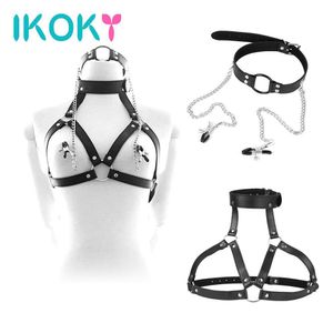 Ikoky krage läder cupless bh restraint sexiga leksaker nippel klämmor kvinnors mun ring gag 3 i 1 bondage set vuxen produkt