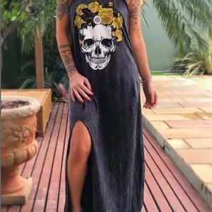 2020 Summer Dress Women Casual Punk Loose Short Sleeve Skull Print Female Dress Streetwear Side High Split Flower Female Vestido CX200701