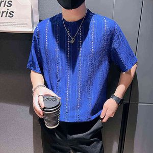 Summer Sticked Cutout Stripes T Shirt Men Short Sleeve Casual T-shirt Ice Silk Round Neck Tee Tops Streetwear Men Clothing 2022 Y220630