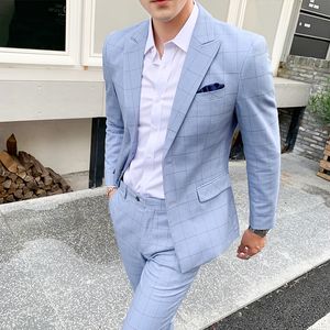 Plaid mens Business suit 2 pieces Blazer Pants korean mens tuxedo Groom suit Wedding men Suits trajes para hombre 201106