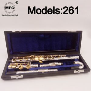 New MFC Professional Flute 261 Silver Plated Flute Gold Key Intermediate Student Curved Headjoint Flutes C Leg 16 Hole Close