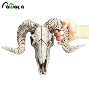 Resina creativa testa di pecora teschio appeso a parete 3D animale Longhorn scultura figurine artigianato corna decorazioni per la casa ornamenti Y200106