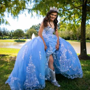 Light Sky Blue Beaded Lace Ball Gown Quinceanera Dresses Rhinestones Sweetheart Neckline Sequined Princess Prom Gowns Appliqued Sweet 15 Masquerade Dress 415