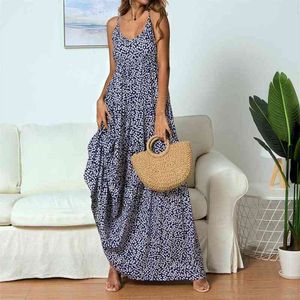 Bohemian Beach Summer Dress 2021 Kvinnor Tunika Casual Long Golvlängd Klänning Small Floral Print Big Swing Strap V-Neck Dresses G220510