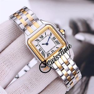 Новый 22 -миллиметровый маленький панхер De W2pn0006 Швейцарские кварцевые женские часы White White Dial Tone 18k Gold Steel Bracelet Fashion Ladies Watch S307M