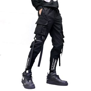 Hip Hop Men Ribbons Cargo Pants Moda Harajuku Elastic da cintura de rua casual massacres de calças preto 220704