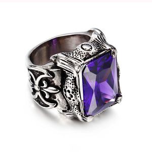 Mäns Silver Vintage Gothic Dragon Claw Biker Ring Band Grön Röd Vit Gul CZ Zirkon Kristall Rostfritt Stål Fashion Cross Finger Ring Smycken