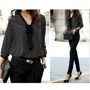 T-shirts Bow Collar Office Blouse Långärmad Kvinnor Fashion Black Dot Print Chiffon Shirt Womens Tops and Blouses