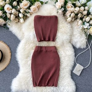 Sexy Fashion Women Two Piece Outfits Summer Strapless Crop Top And Mini Skirt New Elegant Ladies Vintage Knitted Suit Set