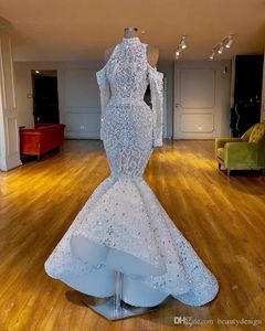 Luxuriöse Meerjungfrau-Brautkleider, atemberaubende afrikanische Dubai-Brautkleider, Stehkragen, Perlenkristalle, Brautkleider mit langen Ärmeln, BC2656