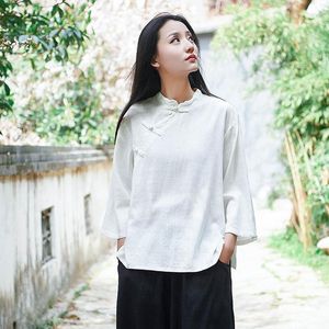 Koszulki damskiej bluzki w stylu vintage koszulka dla kobiet stojak z długim rękawem bawełniany lniana Spring Solid Button Chinese Style Tops Shirtswomen s