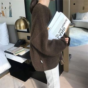 FMFSSOM Autumn Winter Women Sweater Pullovers Fake Mink Cashmere Oversize Vintage Knitwears Wild Lady Tops 201201