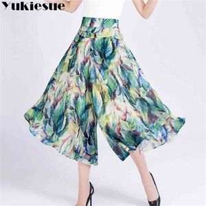 Blumenbedruckte weite Beinhosen Frauen Sommer Herbst hohe Taille Chiffon elastische Taille gerade Hose weiblich Plus Größe 210412