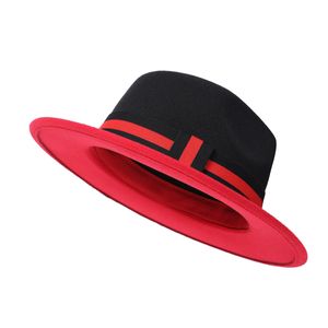 Schwarzer und roter Patchwork-Fedora-Hut für Damen und Herren, Panama-Trilby-Filzmütze, Gentleman-Damen, Party, Kirche, Hochzeit