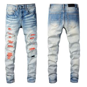 Mens Blue Jeans For Guys Knee Ripped Slim Fit Skinny Man Torn Pants Orange Patches Wearing Biker Denim Light Stretch Motorcycle Male Rip Trendy Long Straight Zipper