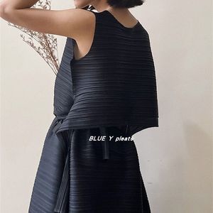 Miyake 주름 여름 민소매 허리 허리가없는 섹시한 우아한 한국 디자이너 파란색 두 조각 드레스 세트 220509