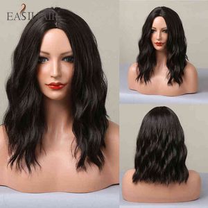 Easihair Short Wave Bob Wigs Black Synthetic Middle Part for Women Cosplay Daily Hair Heat Resistant Fiber 220525