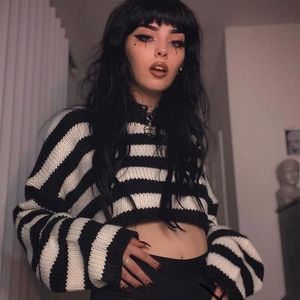 Kvinnors hoodies tröjor Spring Autumn Loose Casual Women Sweater Black White Stripe Mönster Rund krage Stickat Crop Tops Fashion Sty