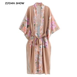 Bohemian V Boyun Tavuskuşu Çiçek Baskı Uzun Kimono Gömlek Haki Tatil Yeni Bağcık Sashes Uzun Hırka Gevşek Bluz Tops 210308