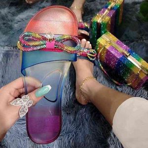 Slippers Women's Women's Shoes Flip Flip Flop for Ender Fashion Round Crystal مع سلسلة قوس قزح Bow Tie Girl 220530