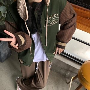 Harajuku Бейсбольные куртки Женские винтажные лоскутные полосатые с длинным рукавом повседневное пальто больших размеров Корейская свободная верхняя одежда Ретро одежда 220815