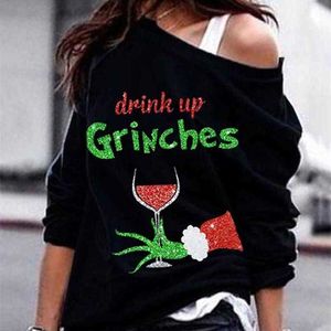Frauen Mode Casual Langarm Tops Bluse Feamle Weihnachten Grinches Glas Wein Print Design 2XL Plus Größe Sweatshirt Tops 210716