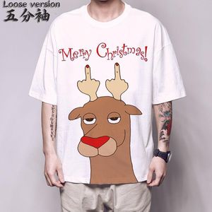 メンズTシャツサンタクロースメリークリスマストナカイホワイトTシャツオタク面白いハラジュクハーフスリーブトップティークールな男性ホリデーウェアメンズ