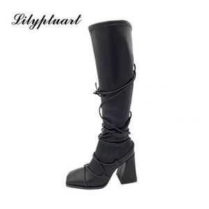 winter highheeled squaretoed boots but kneehigh boots cross straps stovepipe stretch boots woman shoes high heels sexy 210911