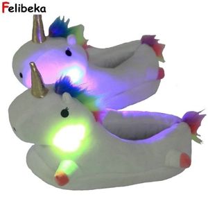 style Winter lovely Home Cartoon Plush Chausson Licorne White Shoe glowing Slippers Y200424