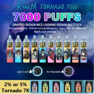 Original RandM Tornado 7000 Puffs Disposable Vape Pen Electronic Cigarettes 14ml Pod Mesh Coil 6 Glowing Colors Rechargeable Air-adjustable 2% 5% Device Vaporizer 7K on Sale