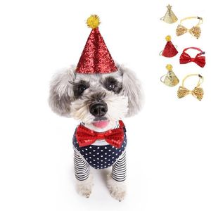 Pet Birthday Party Decor Set Cone Hat Bow Tie Collar Dog Cat Puppy Headwear Cap With Bowknot Supplies Drop Costumes