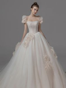 2022 Bröllopsklänningar Vit Lace Cap Sleeve Beaded Lace A Line Avtagbar Trail Bröllopklänningar Anpassa plusstorlek Vestido de Novia