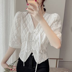 Summer new women's v-neck short puff sleeve Chinese retro style fashion elegant slim waist t-shirt blouse SMLXL