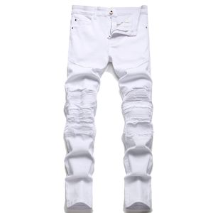 ホワイトジーンズパンツメンスリムフィット高品質ファッションストレートバイカーデニムパンツビッグサイズモットサイクルメンズヒップホップズボン男性28-42