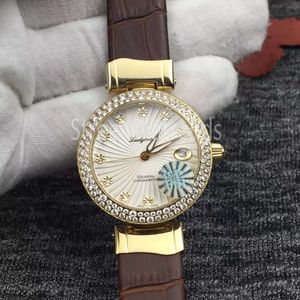 Top Quality Stylish Quartz Watch Women Gold Dial Rhinestone Bezel Leather Strap Clock 9051