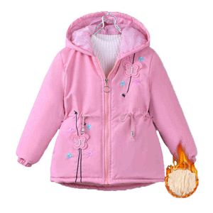 Girls Hooded Down Jackets 4-12 Year 2022 Winter Teenager Girls Thick Warm Cotton Outerwear Children Coat Mid-length Butterfly Jacket J220718
