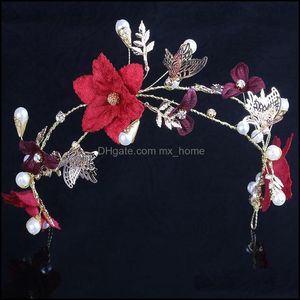 Hair Accessories Red Flowers Bride Tiaras Hollowing Out Inlaid Rhinestone Soft Chain Type Crowns Wedding Lady Marriage Dress Ha Mxhome Dhf0Y