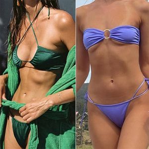 Push Up Folds Bikini Set - Solid Color Swimwear for Women, Sexy Biquini Beachwear micro swimsuit