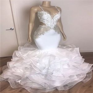 White Mermaid Black Girls Evening Dress Sexy Spaghetti Straps Beaded Plus Size African Prom Dresses With Ruffles Aso Ebi Formal Party Gown Orange Tiered Bottom