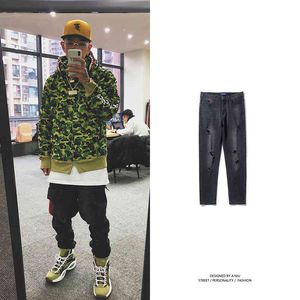 Edison Chen Black Beggar Hole Jeans Herrenmode Marke Slim Fit Kleine Füße Gerade Röhre High Street Trend Hip Hop Lange Hosen