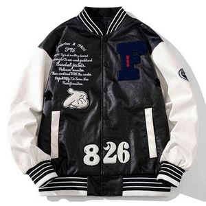 Pu skórzana kurtka mężczyźni Patwork Streetwear Kurtka baseballowa Hip Hop Letter Varsity Kurtka Para Ubranie High Street 2021 T220728