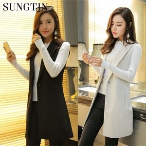 Sungtin Classic Women Women Long Blazer Vest Elegant Office Lady Coat Casa Fêmea Coloque Feminina Ternos Causais Jaqueta Sem mangas Plus Size 201031