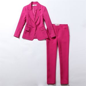 Professionella kvinnors kostymbyxor Twopiece Autumn New Style Slim Red Rose Long Sleeve Ladies Blazer Jacket Casual Trousers T200818