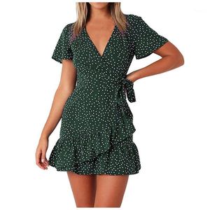 Freizeitkleider Damen Sommer Damen Dot Print Kurzarm V-Ausschnitt Schmetterling Schnürwickelkleid Elegant Rüschen Strand Mini