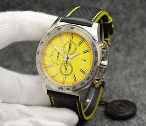 Pilota Chronograph Quartz Prata Caso de Aço Inoxidável Mens Relógios Relógios Amarelo Dial De Couro Borracha Cinta Novo Modelo Homens Relógios de Pulso